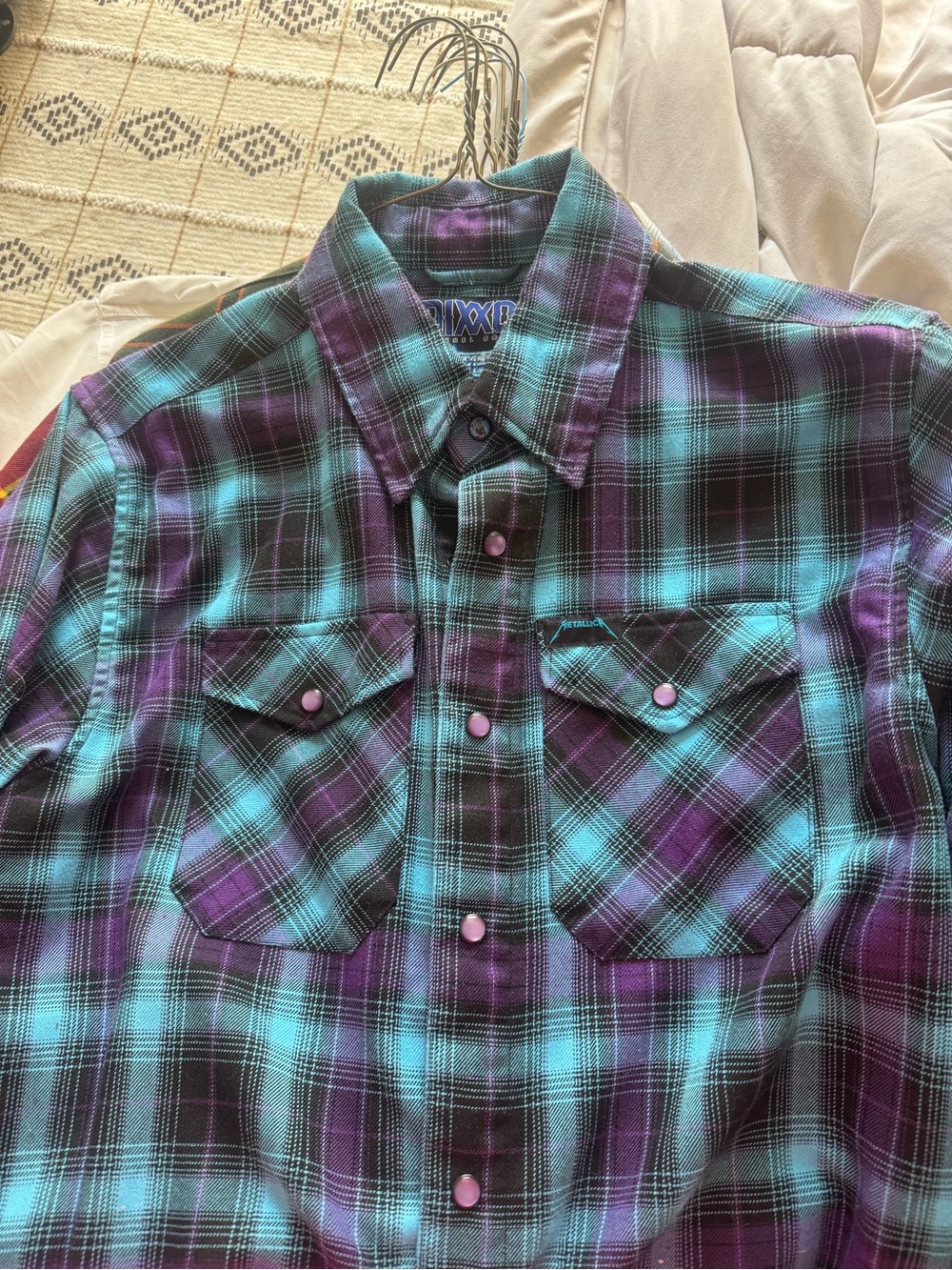 Men's Dixxon Metallica Edition Plaid Button-Up Shirt in Teal and Purple